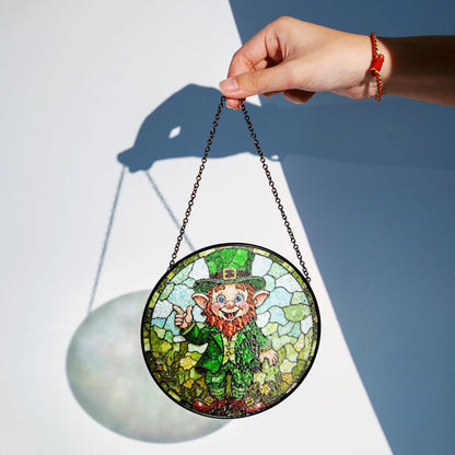 Stained Glass Leprechaun Suncatcher with Green Outfit and Thumbs Up Gift for St. Patrick's Day Lovers