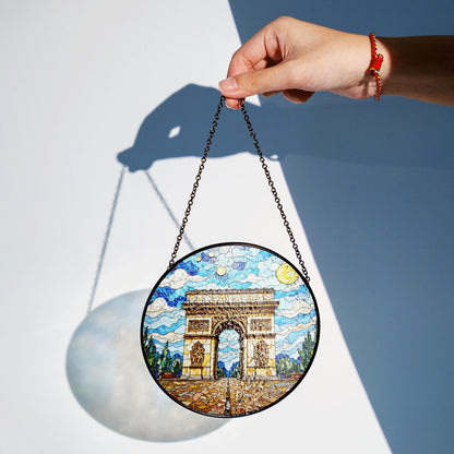Stained Glass Arc de Triomphe Suncatcher with Vibrant Sky Art Handmade Gift for Architecture Lovers
