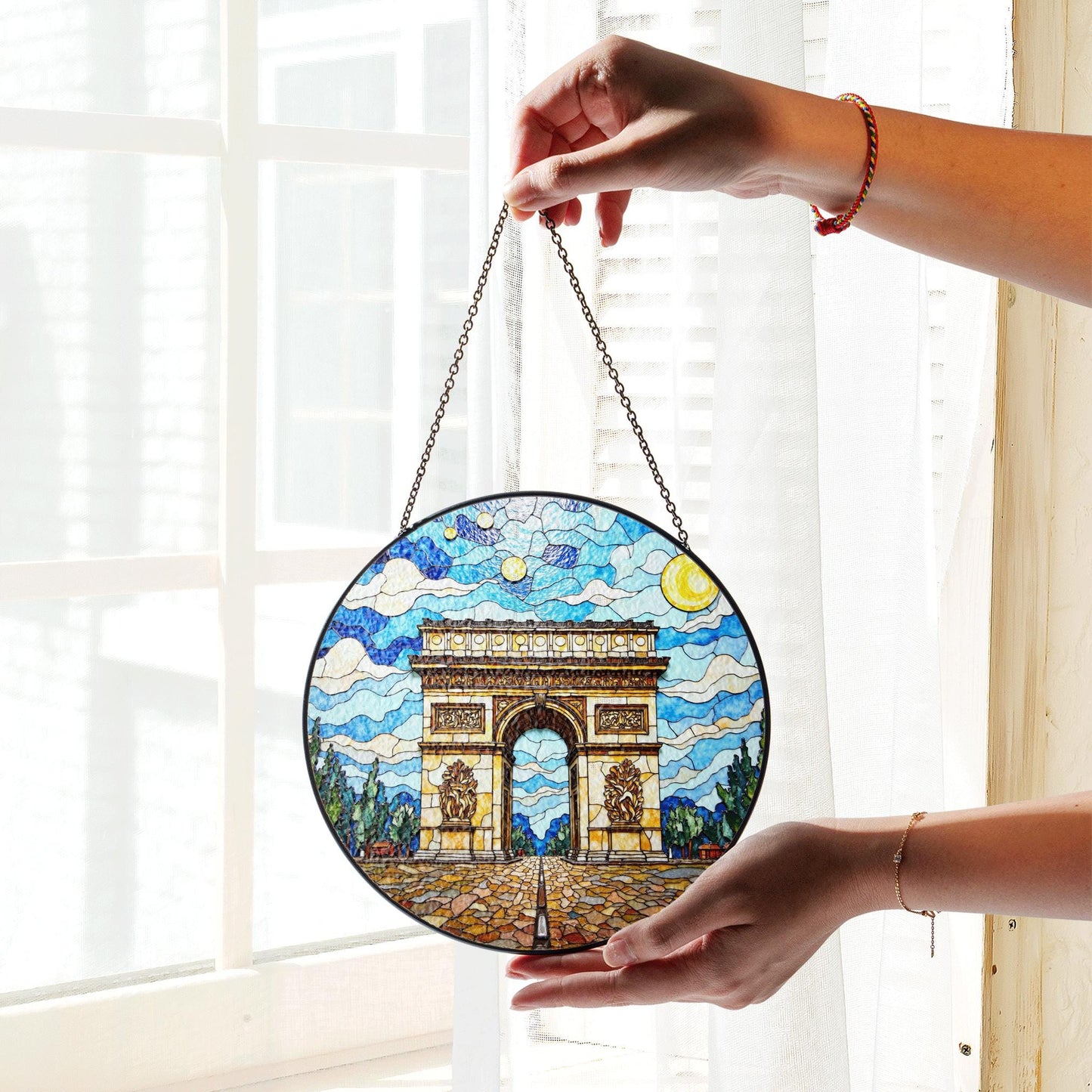 Stained Glass Arc de Triomphe Suncatcher with Vibrant Sky Art Handmade Gift for Architecture Lovers