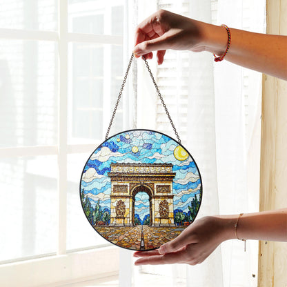 Stained Glass Arc de Triomphe Suncatcher with Vibrant Sky Art Handmade Gift for Architecture Lovers