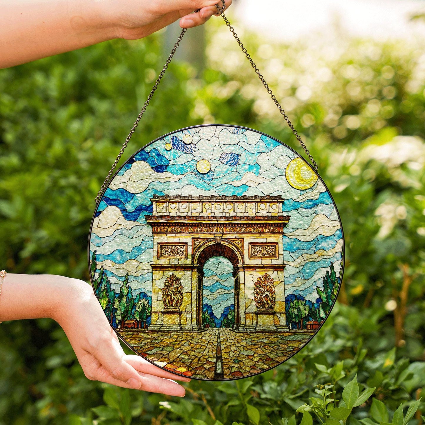 Stained Glass Arc de Triomphe Suncatcher with Vibrant Sky Art Handmade Gift for Architecture Lovers