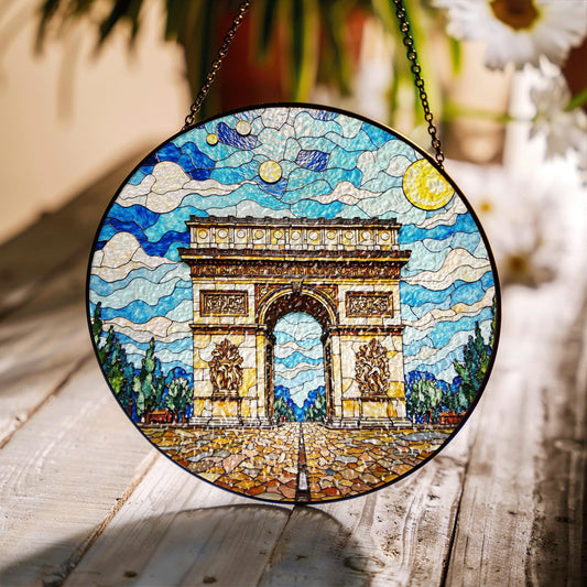 Stained Glass Arc de Triomphe Suncatcher with Vibrant Sky Art Handmade Gift for Architecture Lovers