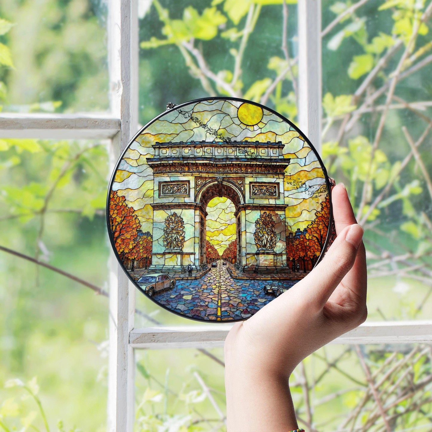 Stained Glass Arc de Triomphe Suncatcher Handmade Window Decor Paris Artwork Gift for Home Lovers