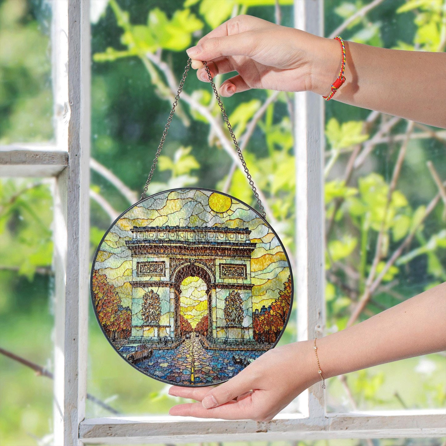 Stained Glass Arc de Triomphe Suncatcher Handmade Window Decor Paris Artwork Gift for Home Lovers