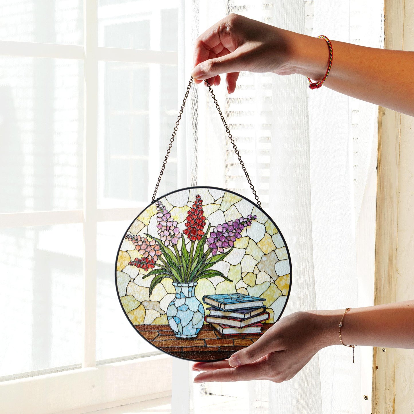 Stained Glass Vase with Flowers Suncatcher Window Decor Gift for Book Lovers