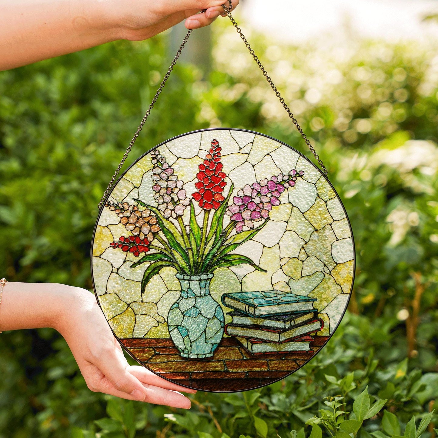 Stained Glass Vase with Flowers Suncatcher Window Decor Gift for Book Lovers