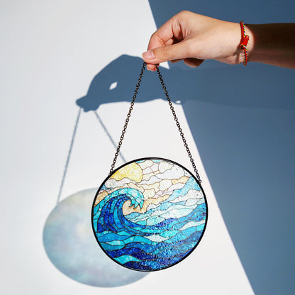 Wave Stained Glass Suncatcher Blue Ocean Design Handmade Gift for Ocean Lovers Beach Decor