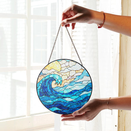 Wave Stained Glass Suncatcher Blue Ocean Design Handmade Gift for Ocean Lovers Beach Decor