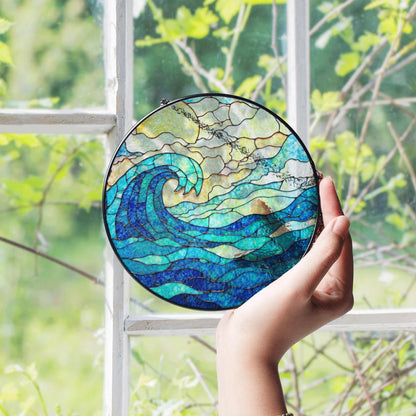 Wave Stained Glass Suncatcher Blue Ocean Design Handmade Gift for Ocean Lovers Beach Decor