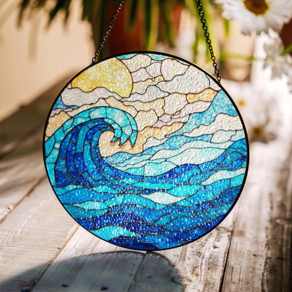 Wave Stained Glass Suncatcher Blue Ocean Design Handmade Gift for Ocean Lovers Beach Decor