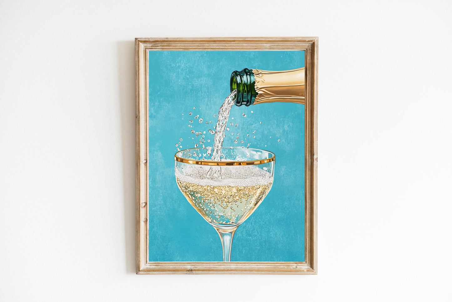 Teal Champagne Coupe Glass Print: Gold Rimmed Bar Cart Art