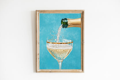 Teal Champagne Coupe Glass Print: Gold Rimmed Bar Cart Art