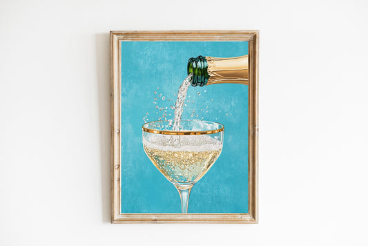 Teal Champagne Coupe Glass Print: Gold Rimmed Bar Cart Art
