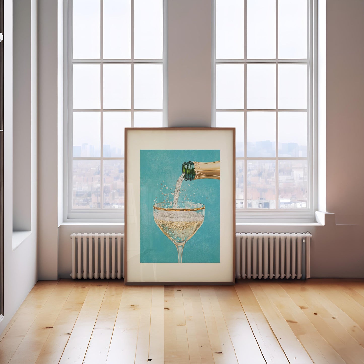 Teal Champagne Coupe Glass Print: Gold Rimmed Bar Cart Art