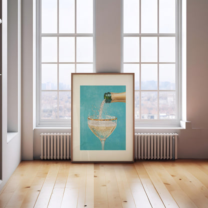 Teal Champagne Coupe Glass Print: Gold Rimmed Bar Cart Art