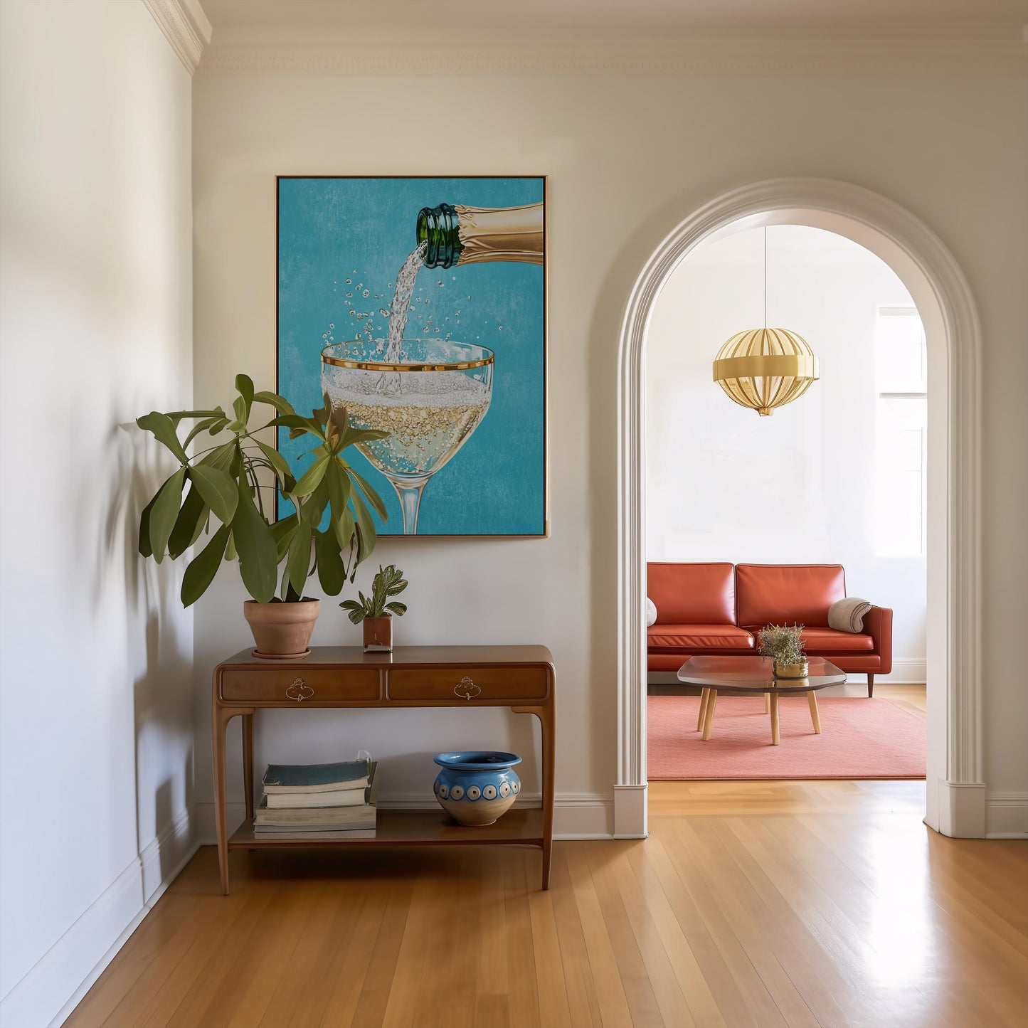 Teal Champagne Coupe Glass Print: Gold Rimmed Bar Cart Art