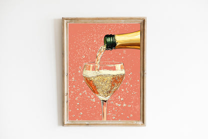 Champagne Coupe Glass Print: Peach Pop Art, Bar Cart Decor