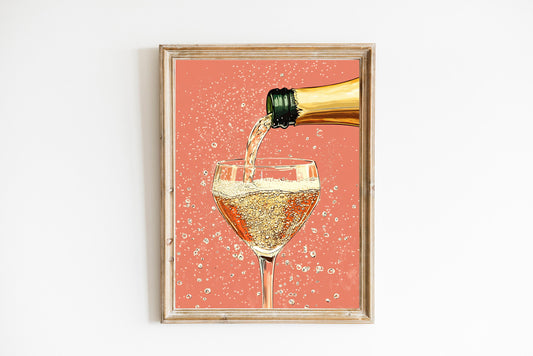 Champagne Coupe Glass Print: Peach Pop Art, Bar Cart Decor