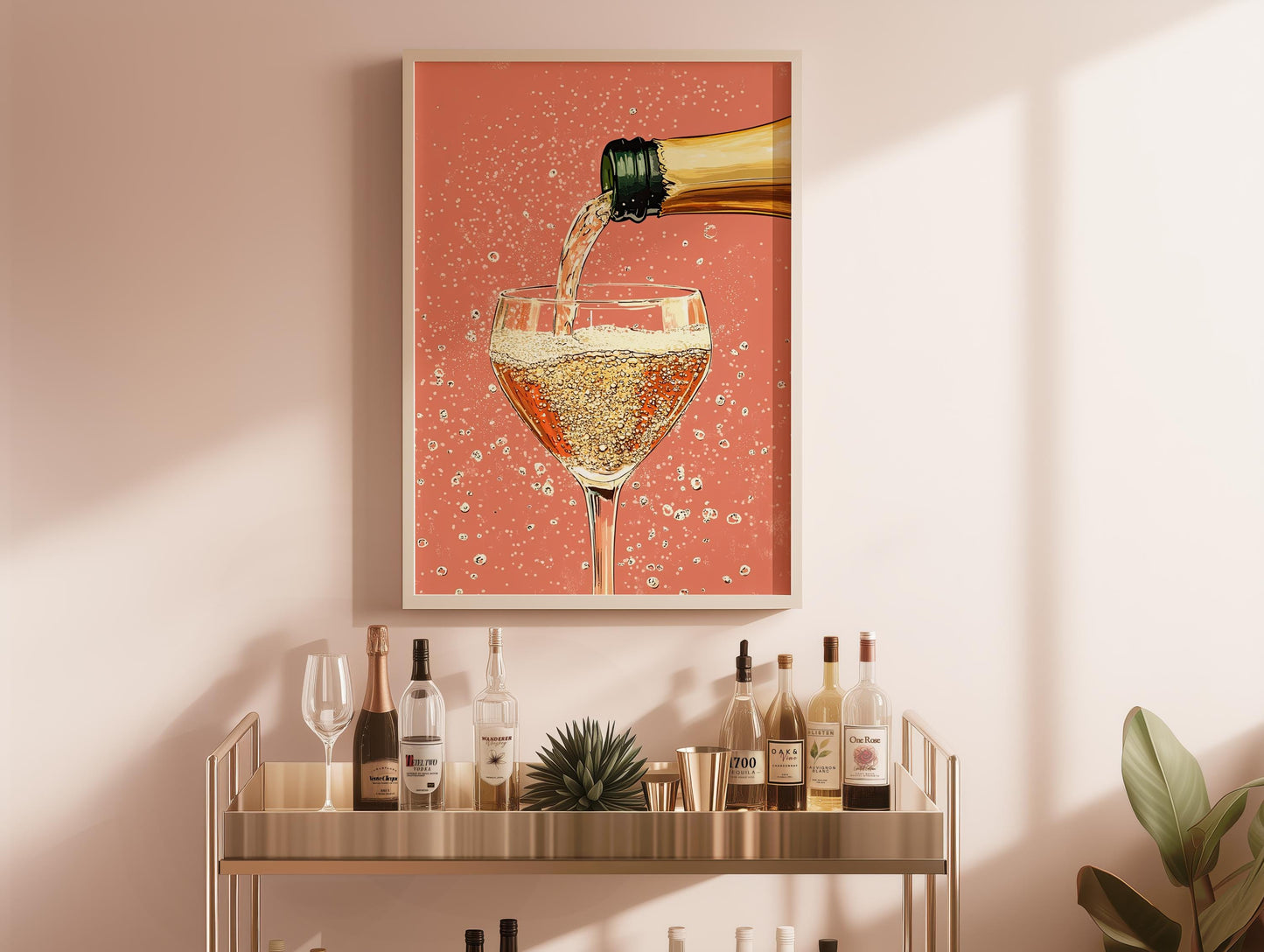 Champagne Coupe Glass Print: Peach Pop Art, Bar Cart Decor