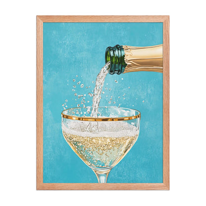 Teal Champagne Coupe Glass Print: Gold Rimmed Bar Cart Art