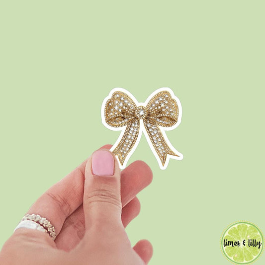 Coquette Gold Sparkly Diamonds Bow Vinyl Sticker | Girly Sticker | Kindle Stickers | Cute Stickers | Laptop | Water Bottle Sticker