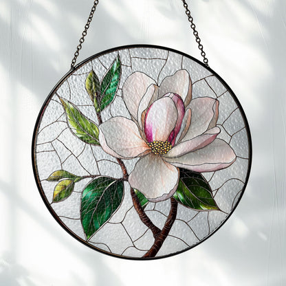 Magnolia Stained Glass Window Hanging, Elegant Floral Decor for Car or Home, Nature-Inspired Flower Design