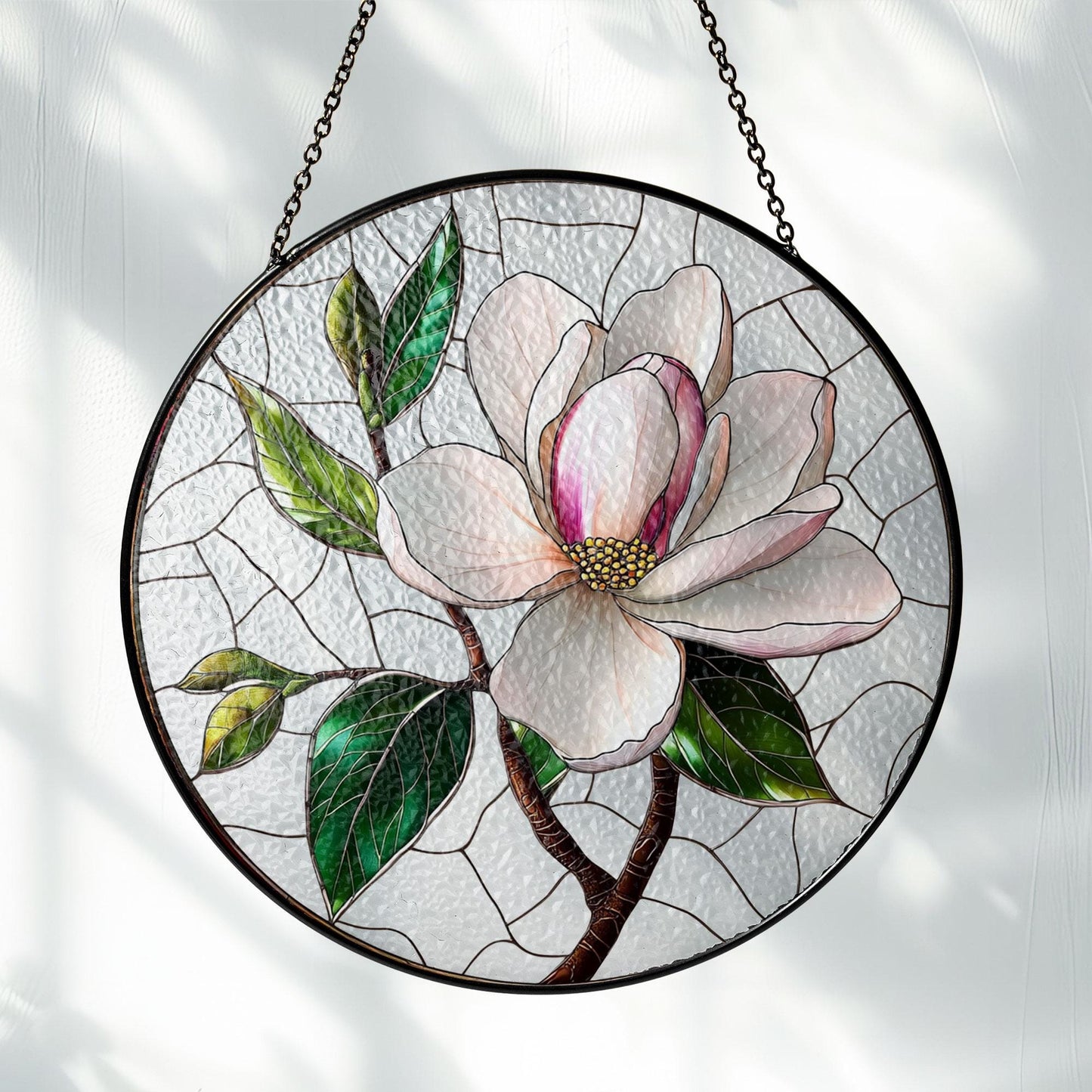 Magnolia Stained Glass Window Hanging, Elegant Floral Decor for Car or Home, Nature-Inspired Flower Design