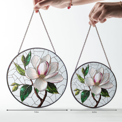 Magnolia Stained Glass Window Hanging, Elegant Floral Decor for Car or Home, Nature-Inspired Flower Design