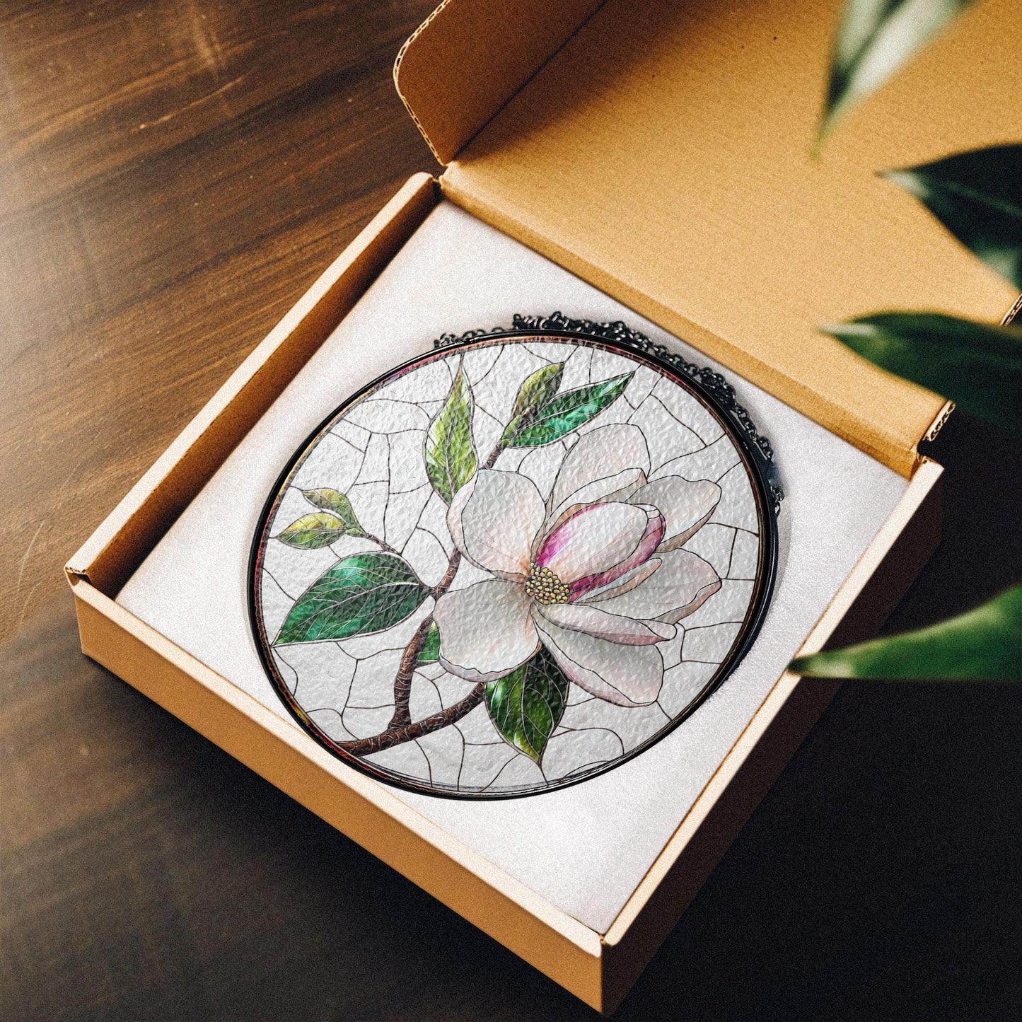 Magnolia Stained Glass Window Hanging, Elegant Floral Decor for Car or Home, Nature-Inspired Flower Design
