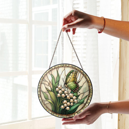 Butterfly and Lily of the Valley Stained Glass Window Hanging, Elegant and Colorful Floral Decor, Perfect for Home, Car, and Window Display