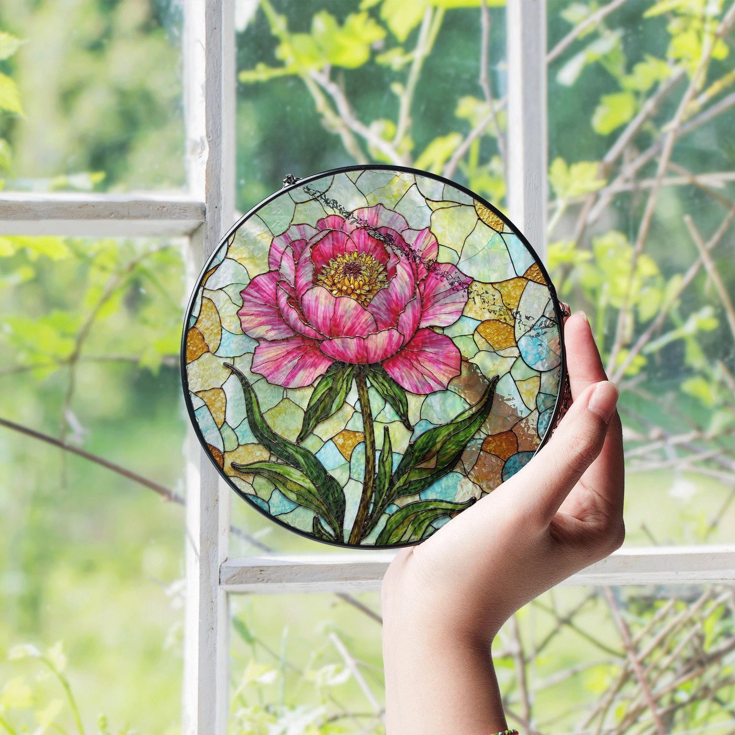 Stained Glass Peony Flower Suncatcher Sun Catcher for Home Decor Gift for Mom or Flower Lovers