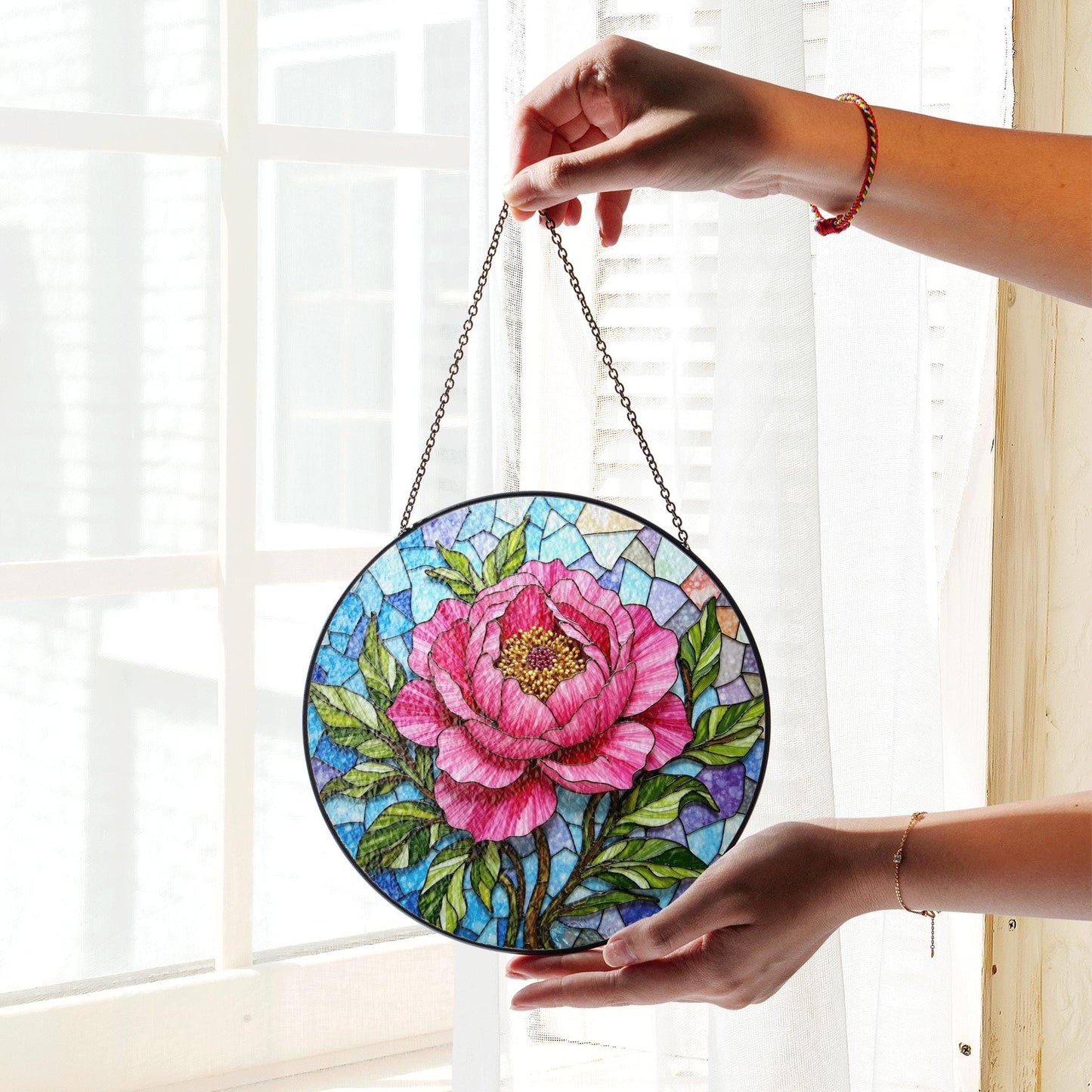 Pink Peony Stained Glass Suncatcher for Window Beautiful Floral Gift for Mother or Friend