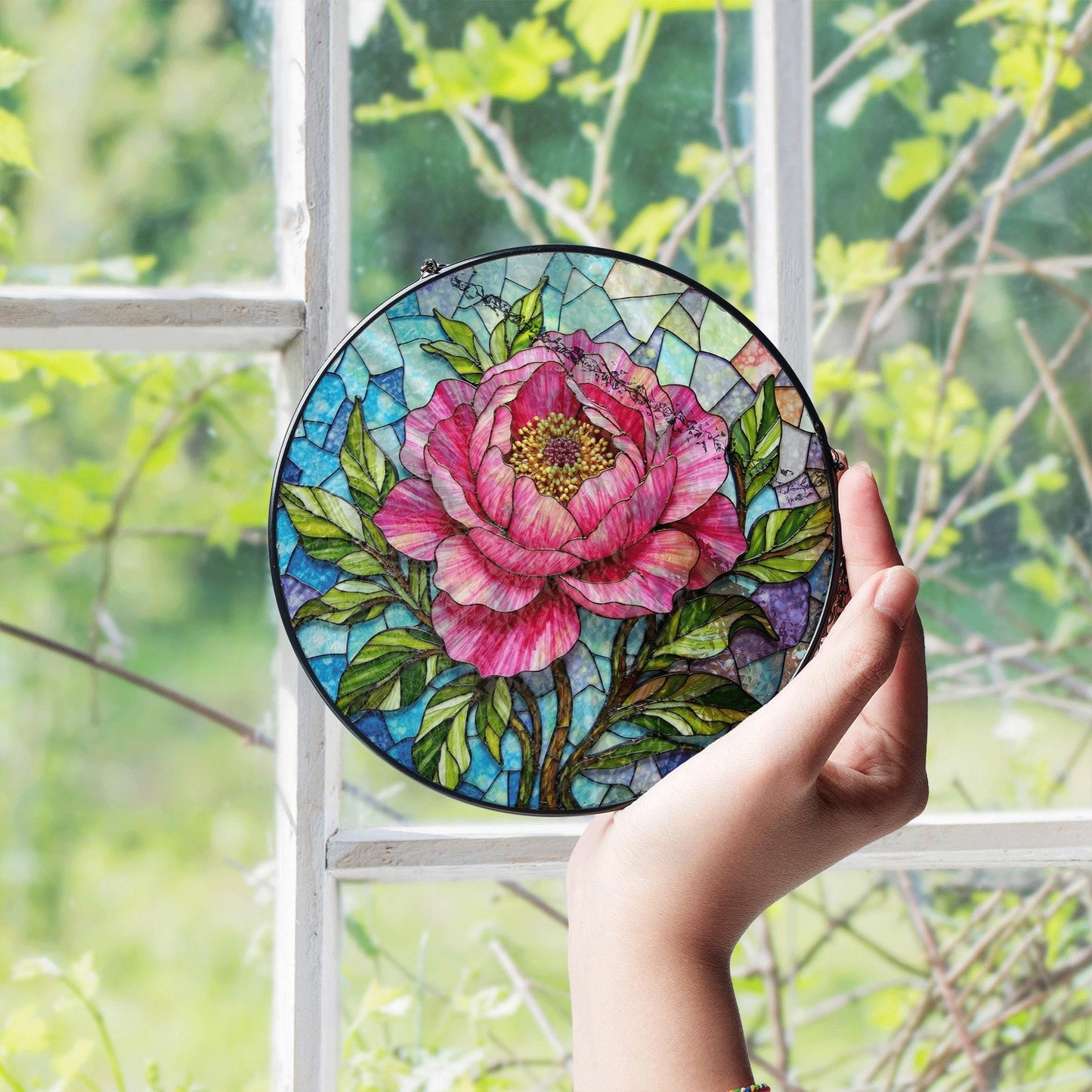 Pink Peony Stained Glass Suncatcher for Window Beautiful Floral Gift for Mother or Friend