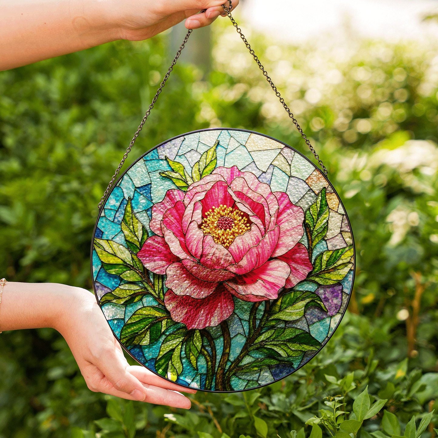 Pink Peony Stained Glass Suncatcher for Window Beautiful Floral Gift for Mother or Friend