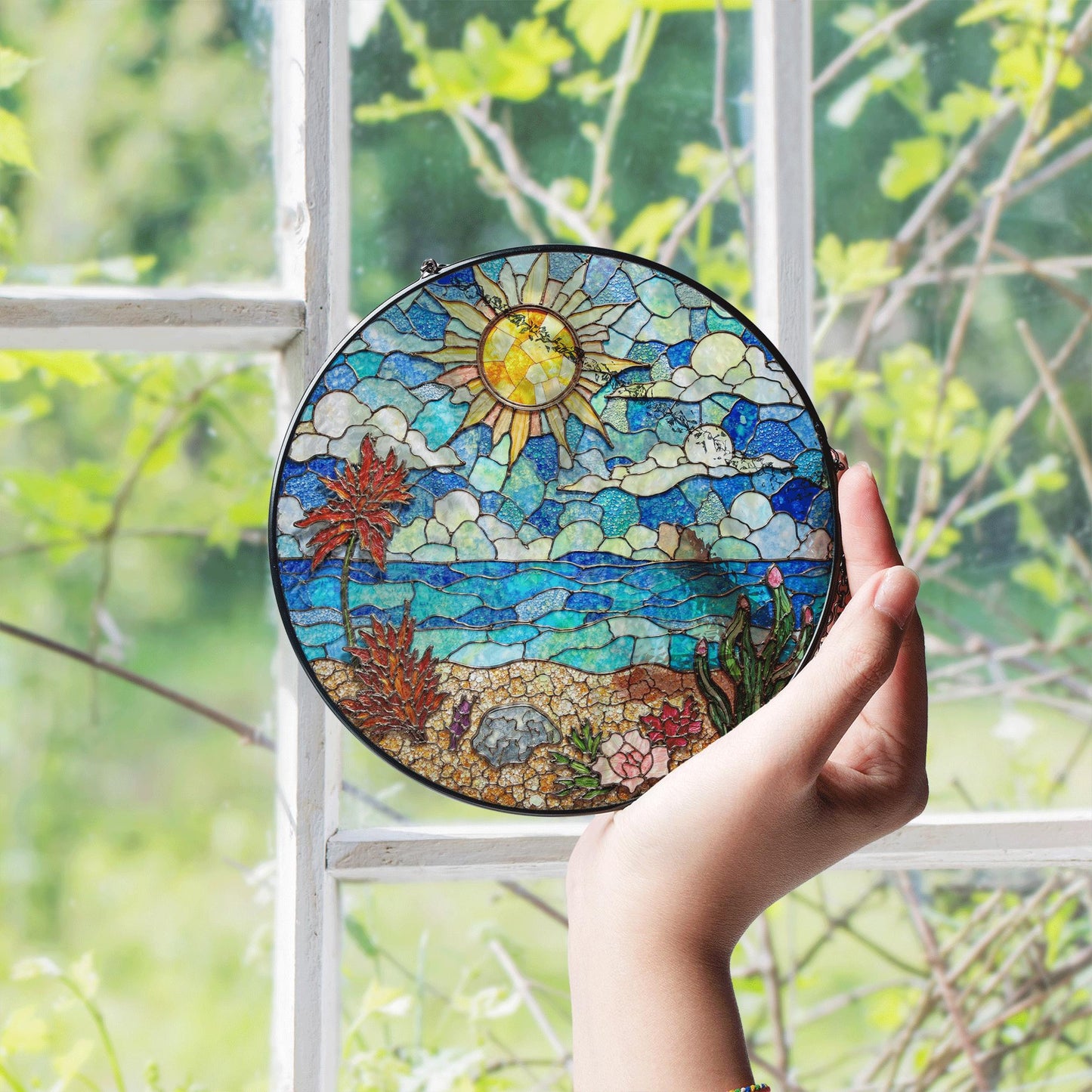 Stained Glass Beach Landscape Sun Catcher Ocean Sun Clouds Palm Trees Gift for Nature Lovers