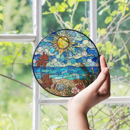 Stained Glass Beach Landscape Sun Catcher Ocean Sun Clouds Palm Trees Gift for Nature Lovers