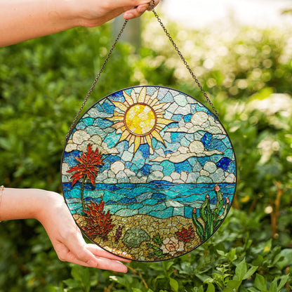 Stained Glass Beach Landscape Sun Catcher Ocean Sun Clouds Palm Trees Gift for Nature Lovers