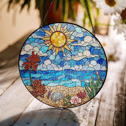 Stained Glass Beach Landscape Sun Catcher Ocean Sun Clouds Palm Trees Gift for Nature Lovers