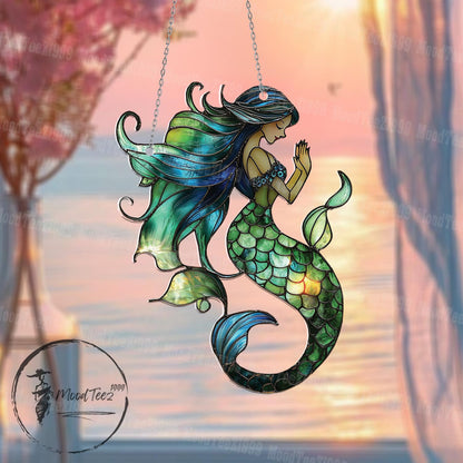 Mermaid Window Hanging, Ocean-Inspired Mermaid Decor, Boho Sea Art, Colorful Mermaid Sun Catcher, Unique Coastal Home Gift
