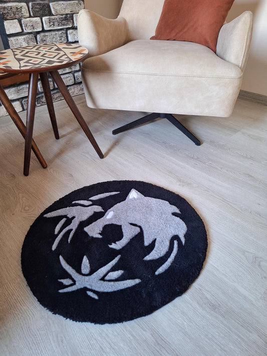 The Witcher Wolf Medallion Rug: Handmade Tufted Gaming Decor