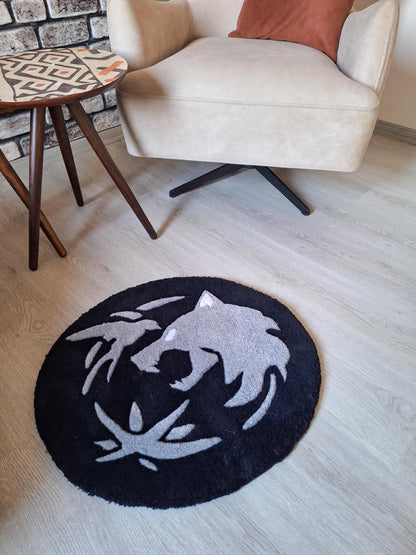 The Witcher Wolf Medallion Rug: Handmade Tufted Gaming Decor