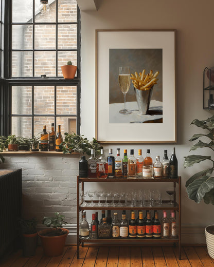 Pomme Frites and Champagne Bar Cart Art Print | Cute Quirky Whimsical | Cocktail Art Bar Cart Decor | French Fries | Trendy Home Wall Art