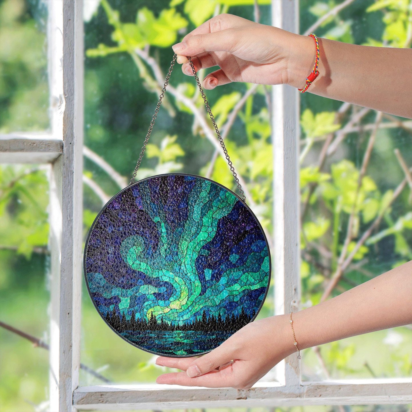 Northern Lights Suncatcher Stained Glass Gift Nature Lovers Home Decor