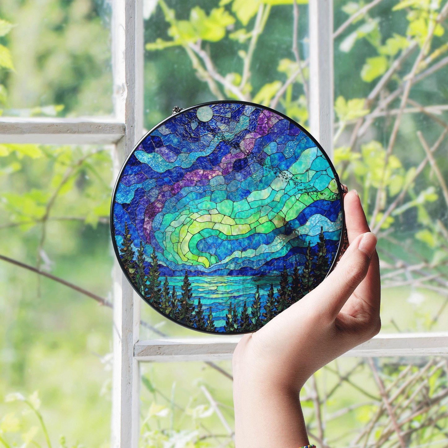 Northern Lights Stained Glass Suncatcher Beautiful Nature Design Window Decor Gift for Nature Lovers