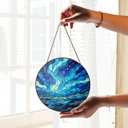Stained Glass Suncatcher Blue Waves Ocean Gift for Nature Lovers Home Decor