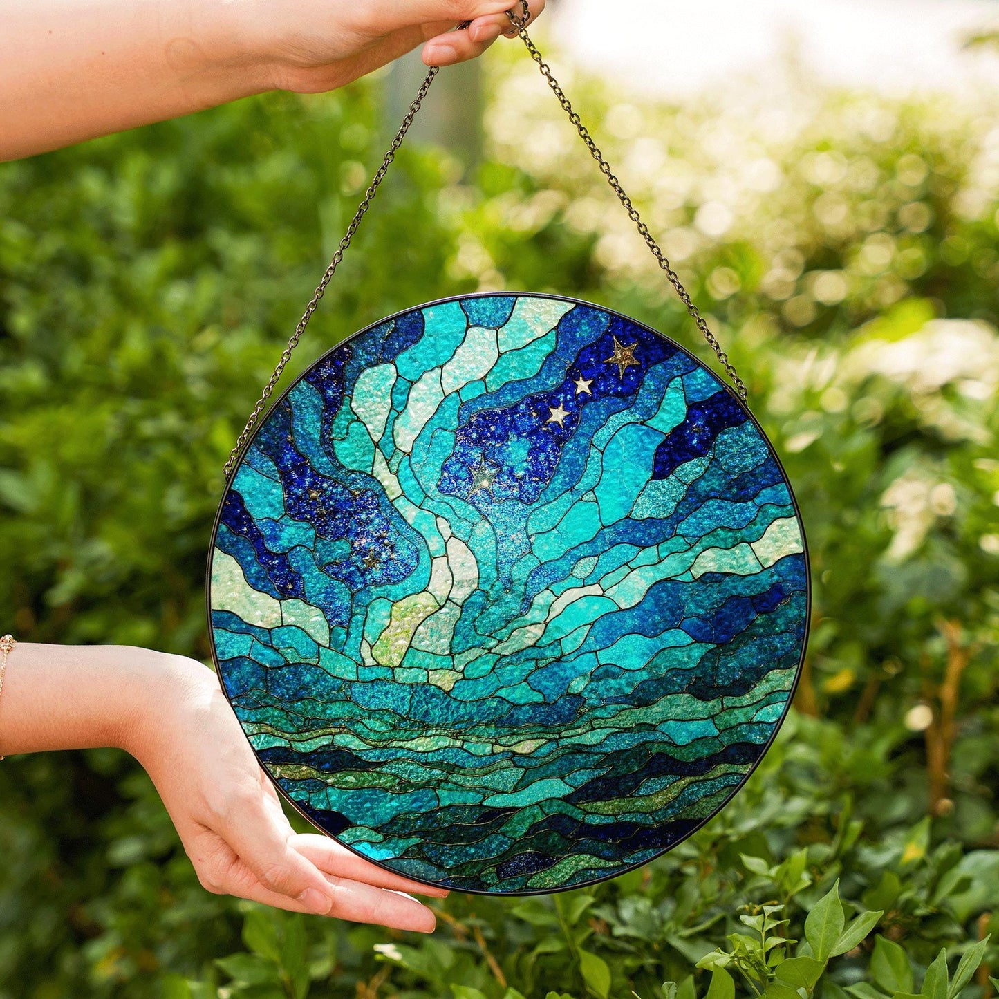 Stained Glass Suncatcher Blue Waves Ocean Gift for Nature Lovers Home Decor