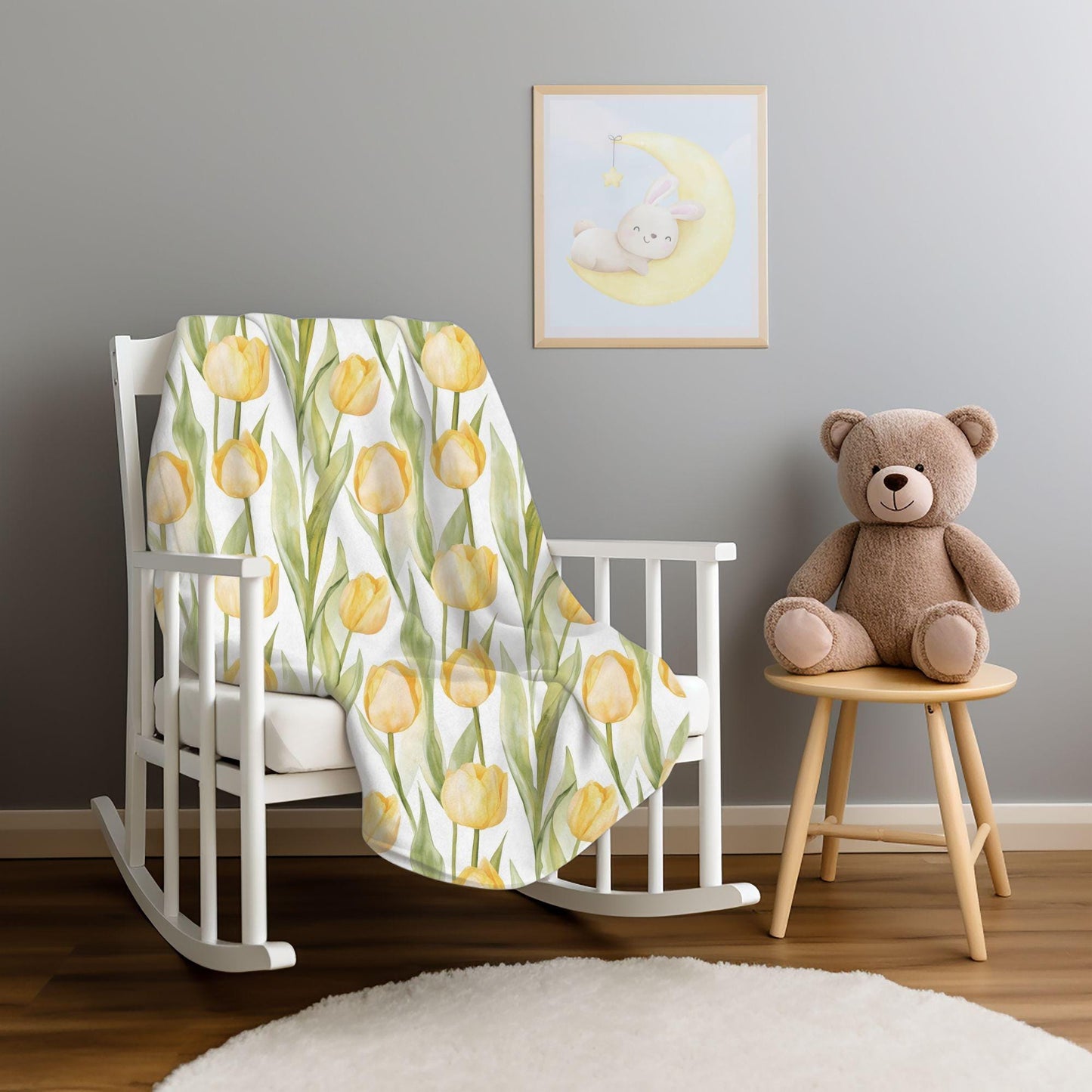 Spring Tulip Blanket Yellow Flowers Fleece Throw Floral Easter Home Decor Botanical Lap Blanket Nursery Decor Nesting Party Baby Shower Gift