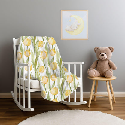 Spring Tulip Blanket Yellow Flowers Fleece Throw Floral Easter Home Decor Botanical Lap Blanket Nursery Decor Nesting Party Baby Shower Gift