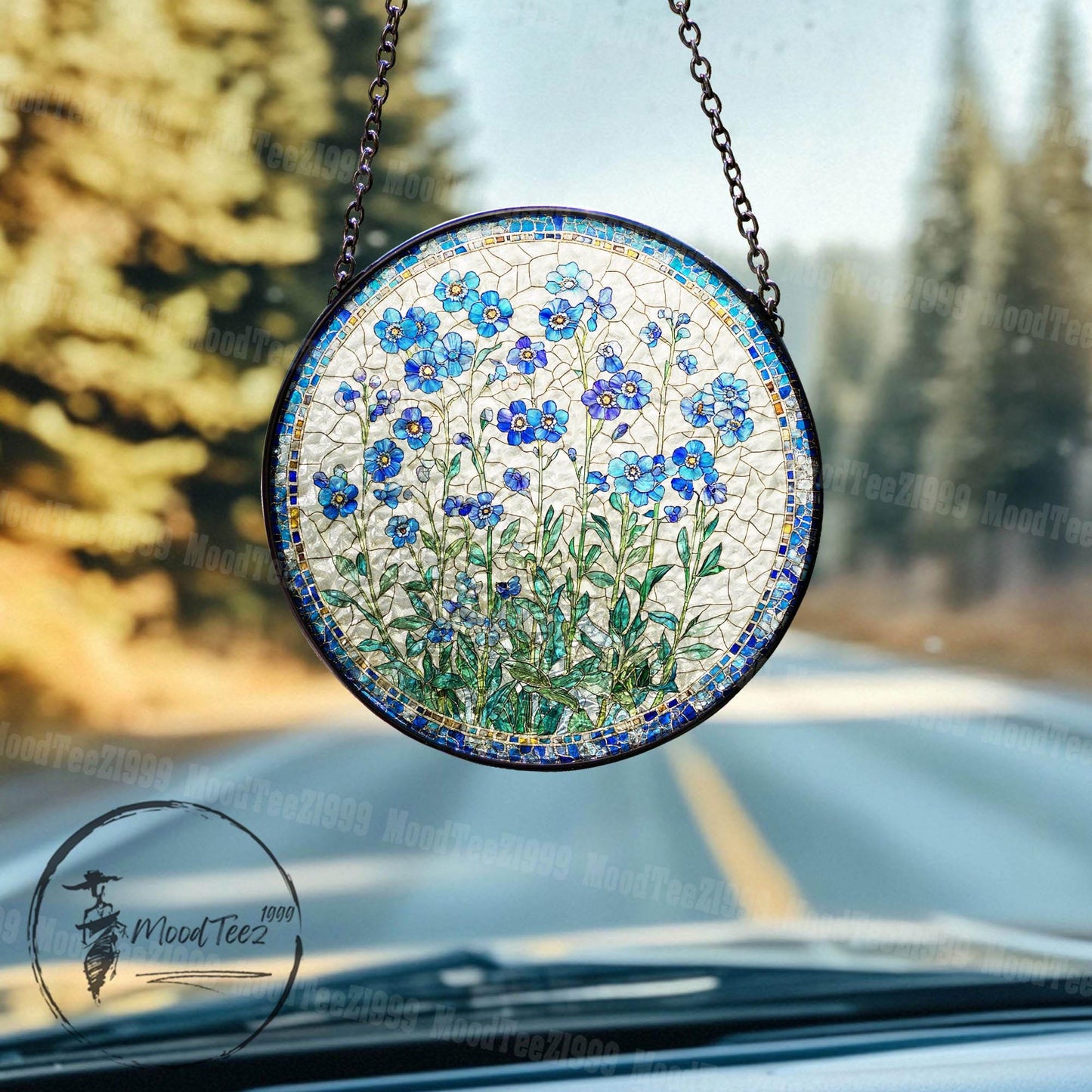 Forget-Me-Not Stained Glass Suncatcher, Window Hanging Decor, Handmade Floral Sun Catcher, Nature Inspired Art, Botanical Glass Ornament