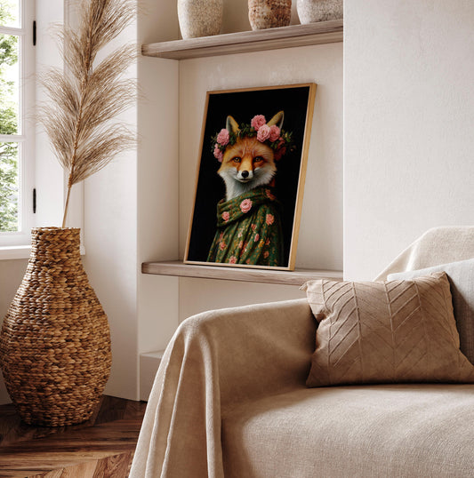 Botanical Fox Portrait Print: Dark Floral Animal Art
